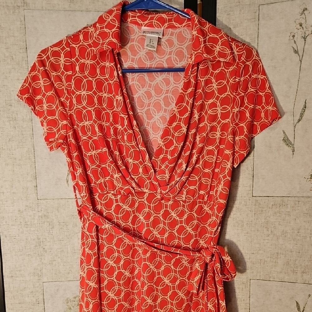 Motherhood Orange Wrap Dress with Cowl Neck and Notched Collar - Picture 3 of 4